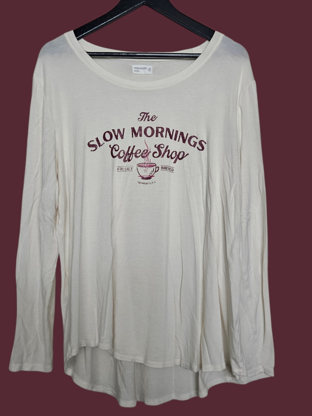Maurices Cream Sleep Shirt with Burgundy "Slow Mornings Coffee Shop" Graphic